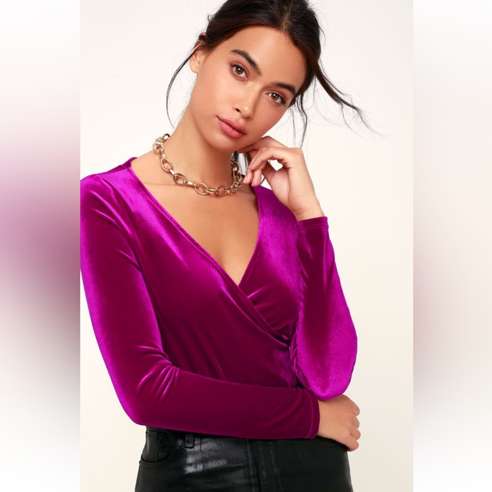 Lulu’s Elley Purple Velvet Long Sleeve Surplice Bodysuit